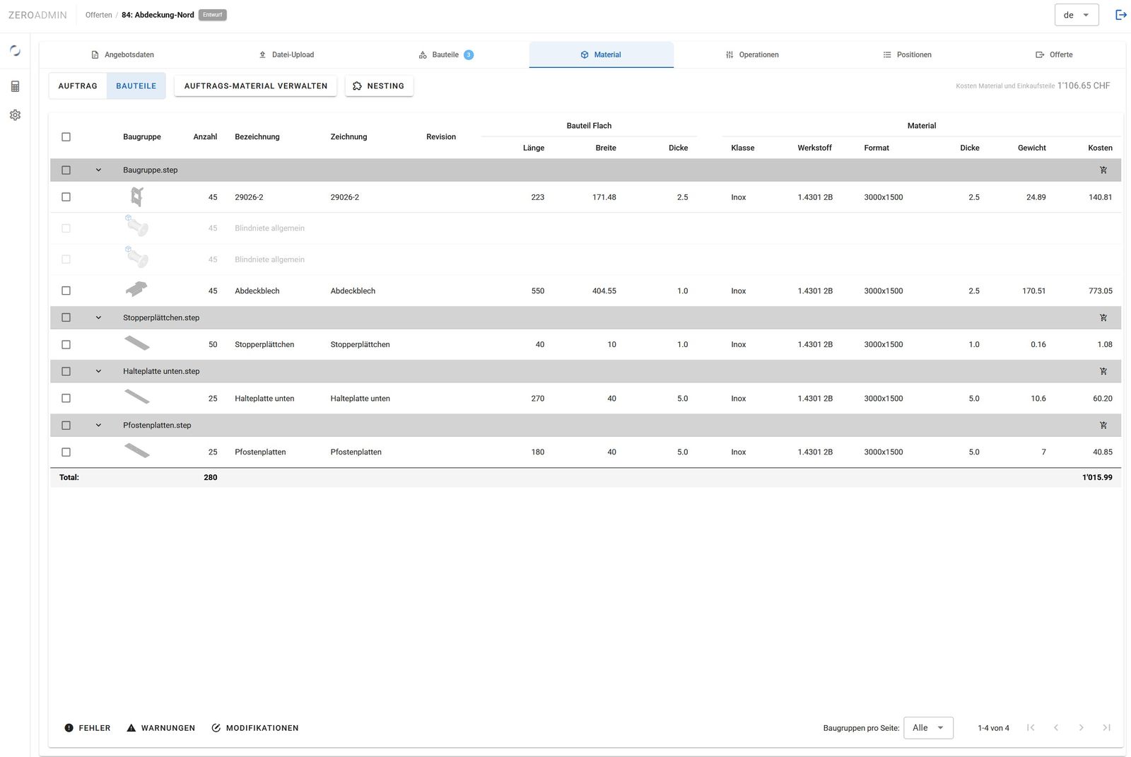 Materialwahl in ZeroAdmin