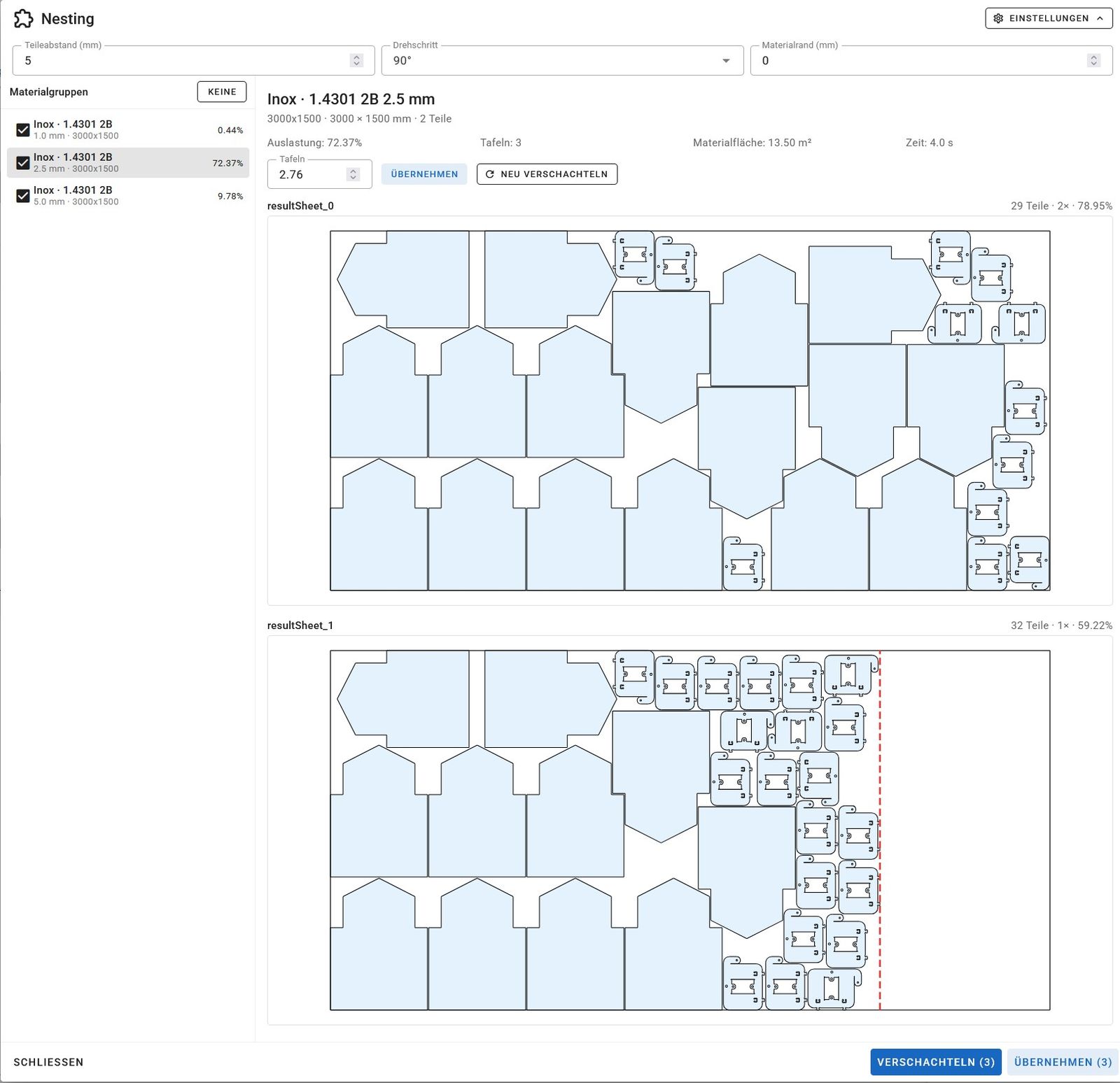 Nesting und Materialausnutzung in ZeroAdmin