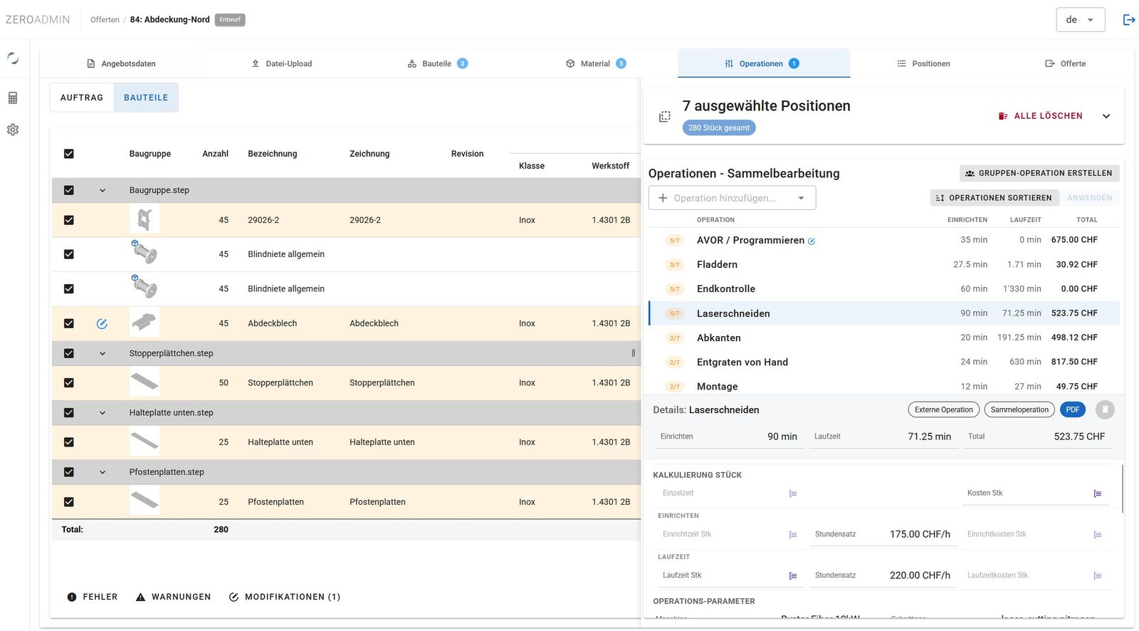 Automatische Berechnung und Bearbeitung von Operationen in ZeroAdmin